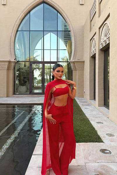 Cristina Serene Κόκκινο Σετ Παντελόνι με Κάπα & Crop Top -Scarlet Elegance Set