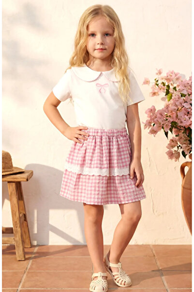 punicha Girl's Baby Collar Printed Lace Detailed Plaid Skirt Set