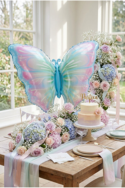 Partixa Pembe Mavi Kelebek Folyo Balon 82x52 cm Kelebek Temalı Doğum Günü Par...