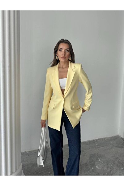 HOPE AND ME Kadın Soft Sarı Tek Düğmeli Vatkalı Blazer Ceket
