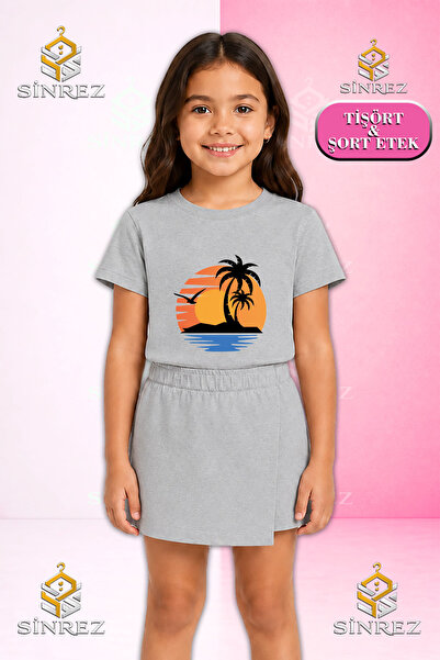 SİNREZ Girl's Set Palmiye Deniz Gunes Printed Short Sleeve T-Shirt Shorts Skirt