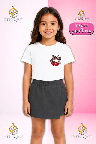 SİNREZ Girl's Set Cherry Ribbon Leopard Pattern Ust Printed Short Sleeve T-Sh...
