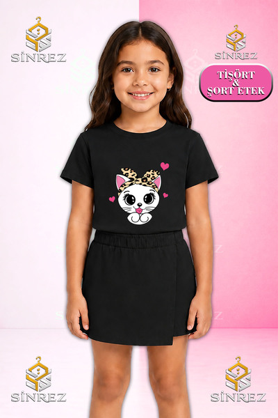 SİNREZ Girl's Set Cat Head Ribbon Heart Printed Short Sleeve T-Shirt Shorts S...