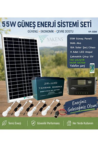 Yakens Enerji 55w Hazır Solar Paketi Güneş Paneli Enerji Sistem 14ah Jel Akü ...