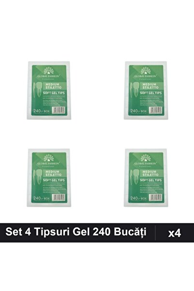 global fashion Set 4 Tipsuri Gel 240 Bucăți, 12 Mărimi, Formă Stiletto, Unghi...