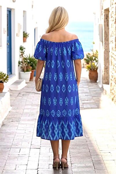 MODANI SEÇ Saks Blue Authentic Patterned Madonna Collar Dress