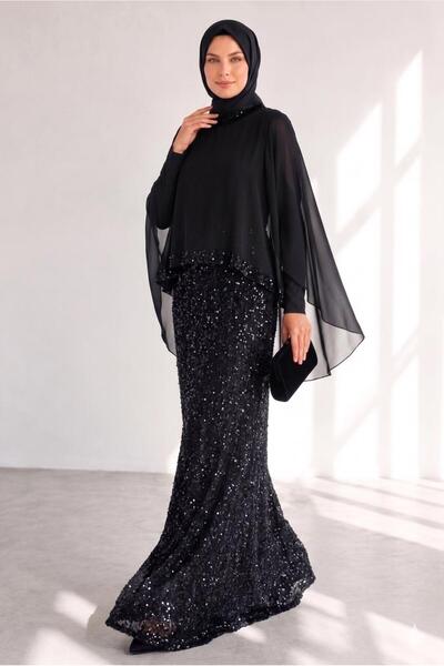 TRENDTESETTÜR KADIN SİYAH PELERİNLİ PULLU ABİYE ELBİSE T 8284