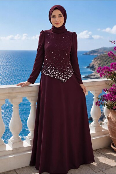 TRENDTESETTÜR KADIN BORDO TAŞ İŞLEMELİ ABİYE ELBİSE T 2384