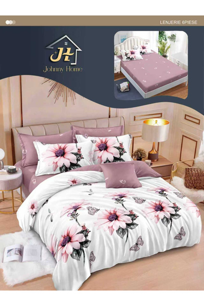 Pucioasa Lenjerie de pat Finet 6 piese cu elastic, imprimeu floral alb și roz...
