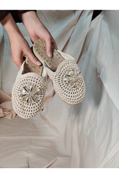 MY STİL MODA Closed Front Pearl Detailed Wicker Knitted Outdoor House Slippers