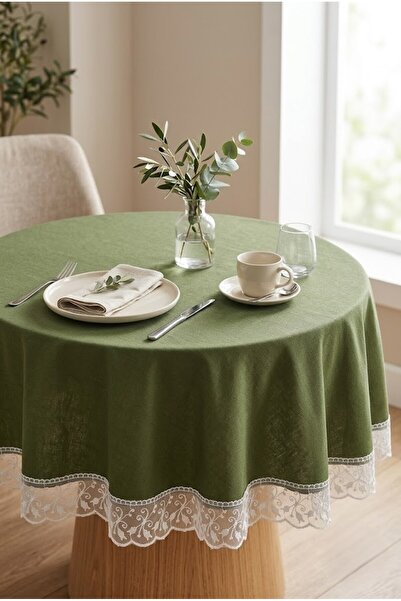 Rona Home مفرش طاولة دائري باللون الأخضر الكاكي، مفرش طاولة فاخر بمظهر الكتان...