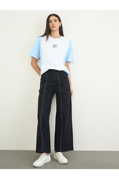 Styli High Rise Cut and Sew Panelled Wide Leg Jeans