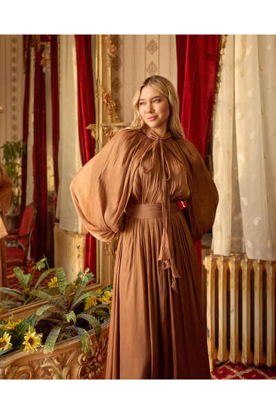 LAUD Long Satin Dress with Pleated Material and Long Sleeves