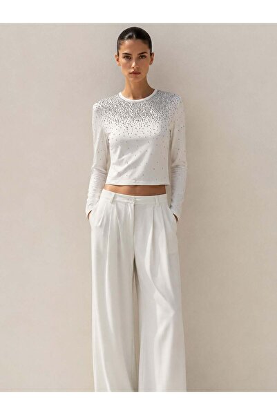 RİVUS Taş Başkı Crew Neck Crop Blouse - White