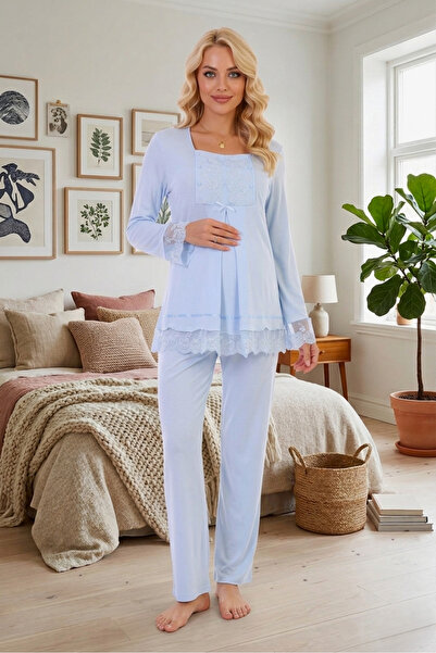 Lohusa Homewear New Season Blue Lace Button Detailed Special Design Long Slee...