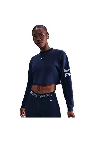 Nike Pro Dri-Fit Fleece Crew Tt Grx Kadın Mavi Antrenman Sweatshirt