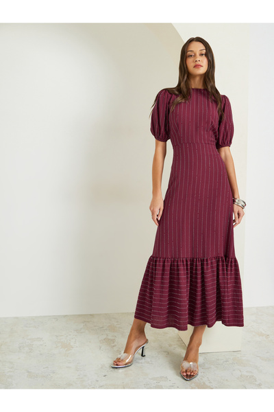 Styli Burgundy Embellished Puff Sleeves Maxi Dress