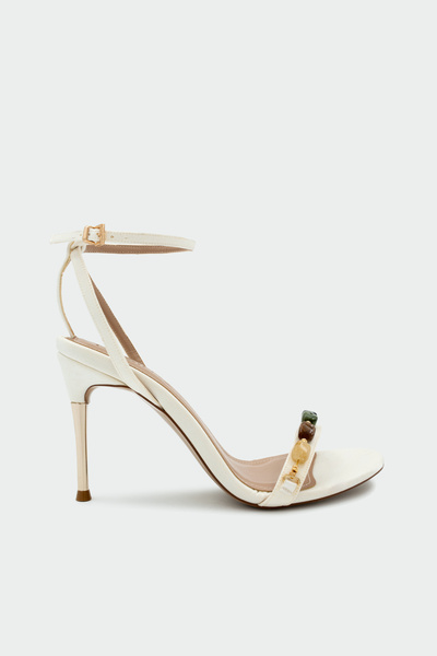 LAMİNTA Jita Natural Stone Detailed Women's White Satin Heeled Shoes