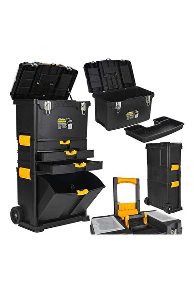 GEKO SET OF 3 PLASTIC MODULAR TOOL BOXES 4 DRAWERS WITH WHEELS AND KELTIN HANDLE