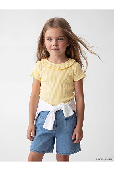 LC Waikiki Nevavm Girls' T-Shirt with Ruffle Detail and Ribbed Trim