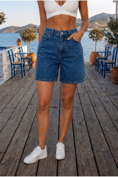 alanora Kadın Yüksek Bel Rahat kesim Kar Yıkama Jean şort