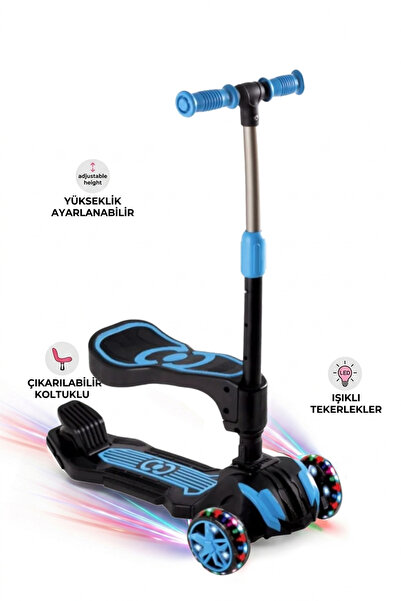 MAROKEN Combo Çocuk Scooter - 3-7 Yaş Oturaklı ve Işıklı Pembe Scooter Mavi