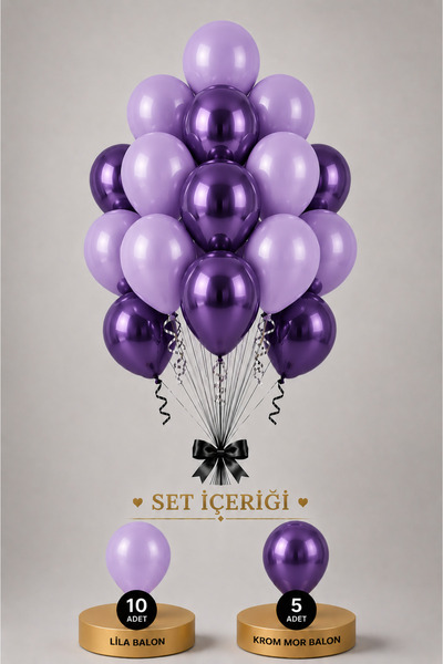 Mosby Lila ve Krom Mor Balon Seti 15 Adet Balon Demeti Parti Doğum Günü Süsü