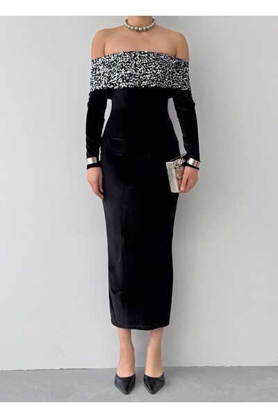 Caddebostan Moda Sequin Detailed Velvet Strapless Dress Long Sleeve Evening D...