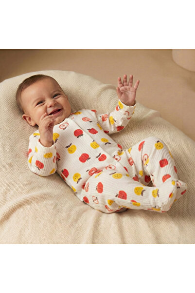 AİST BEBE Sevimli Elma Baskılı %100 Pamuk Bebek Tulumu - Önden Çıtçıtlı Patik...