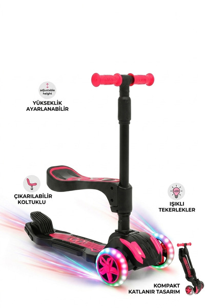 Factorial 3 Tekerlekli Pembe Combo Scooter LED Işıklı Oturak Frenli 3-7 Yaş Ç...