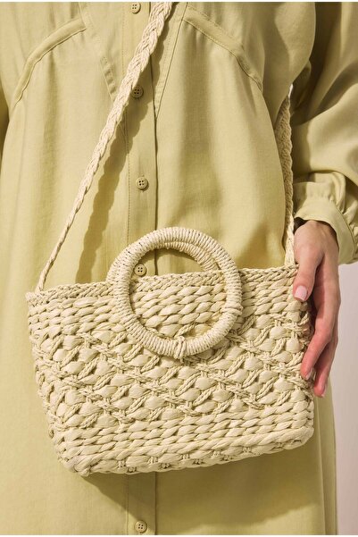 HE-QA Wicker Handle Basket Bag Beige