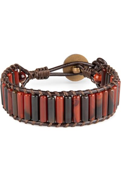 MINZA Phoenix Men’s Leather Bracelet, Fire Agate Beaded Bracelet, Handmade Ad...
