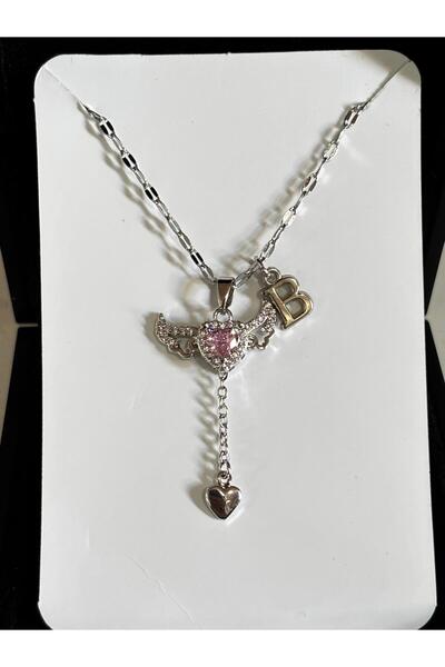 bijoux uniques çelik pembe kalpli melek kanadı B harfli kolye