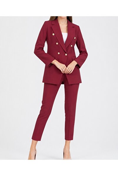 pembekurdelem Women's Blazer Jacket Belted Trousers Suit Burgundy