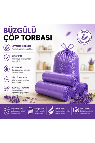 MSE HOLD Büzgülü Çöp Poşeti Lavanta Kokulu 55×60 cm Orta Boy 20 Rulo Dayanıklı Sızdırmaz Kalın Çöp Torbası