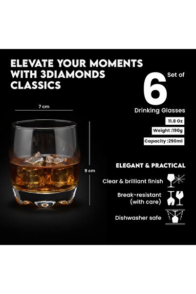 3Diamonds Tumbler Glass Set of 6, Perfect for Cocktails, Whiskey, and Everyday Drinks (Classic)