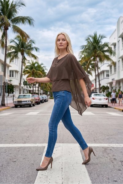 Romina Ruffle Chiffon Crew Neck Flounce Casual Blouse