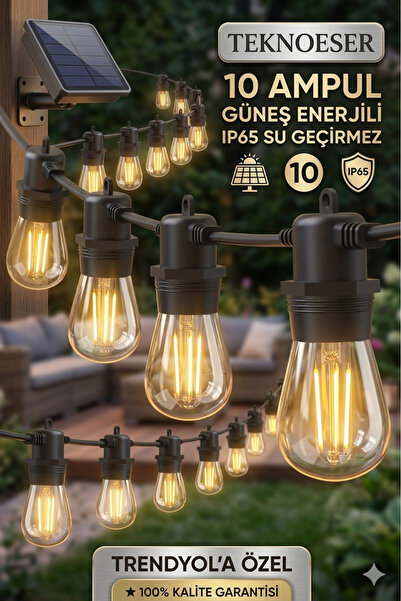 TeknoEser Gunes Enerjili Solar Bahce Aydinlatmasi 10 Ampullu IP65 Su Gecirmez...
