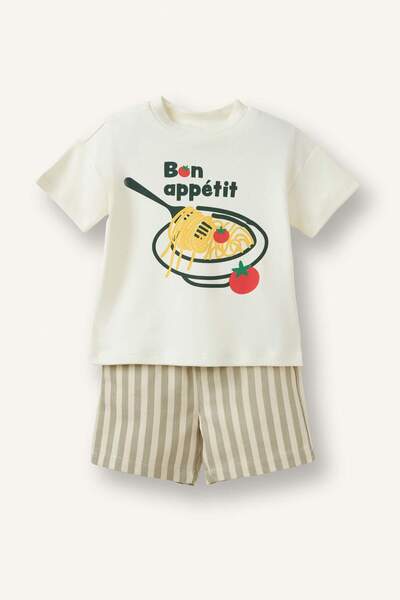 DeFacto Food Printed Short Sleeve T-Shirt Shorts 2-Piece Set Baby Boy H8200A5...