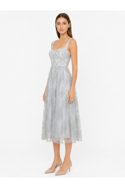 Shamouk Women's Ice Blue Midi Dress with Embroidered Petals and Wide Straps f...