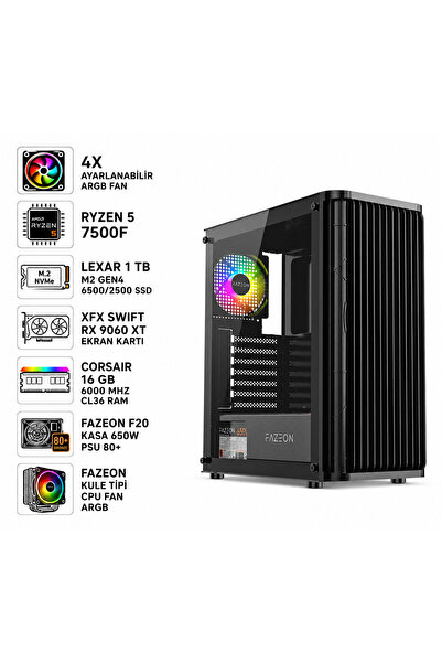 SETUPC RYZEN 5 7500F RX 9060 XT 16 GB DDR5 RAM 1 TB GEN4 M2 SSD 650W PSU OYUN...