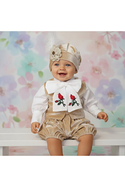 Andreeatex Costum botez catifea - „Prinț Louis” - Bej, măsura 68 cm