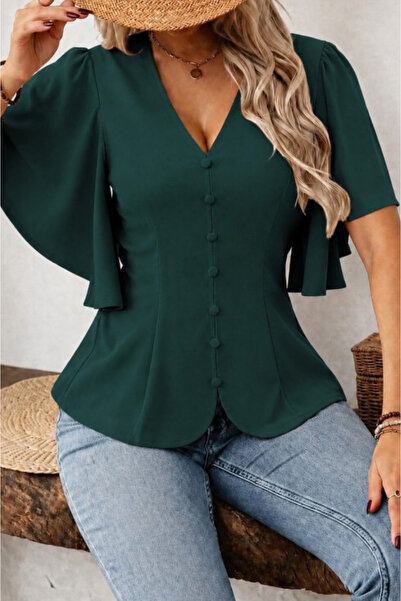 Kokosh moda Kadın Önden Düğmeli Kısa Kollu Krep Bluz
