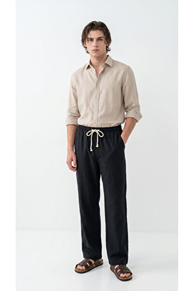 BADESSA Men's Black Comfortable Fit Linen Muslin Trousers Lightweight Casual ...