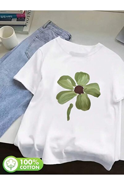 Vordevia Tricou unisex oversize alb cu imprimeu floral, tricou de zi cu zi, c...