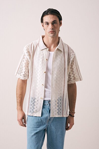 carino man KROŞE DOKULU GEOMETRİK DESEN OVERSIZE GÖMLEK