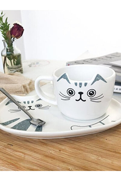 Bam Cat Design Ceramic Mug with Presentation Plate and Spoon