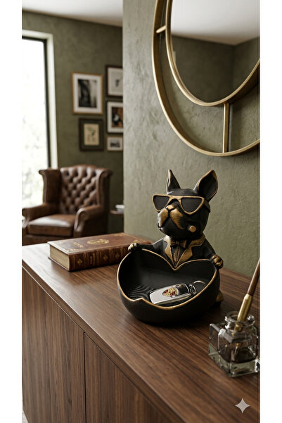 prestij3d design Siyah Gold Gözlüklü French Bulldog Anahtarlık ve Takı Standı