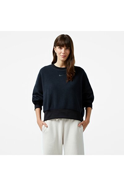 Nike Sportswear Plush Kısa Sıfır Yaka Kadın Siyah Sweatshirt Oversize Kesim