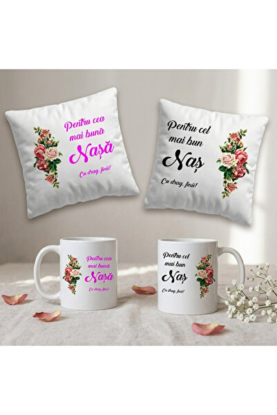 OEM Gift Set for Godparents - 2 Square Decorative Pillows and 2 Ceramic Mugs,...